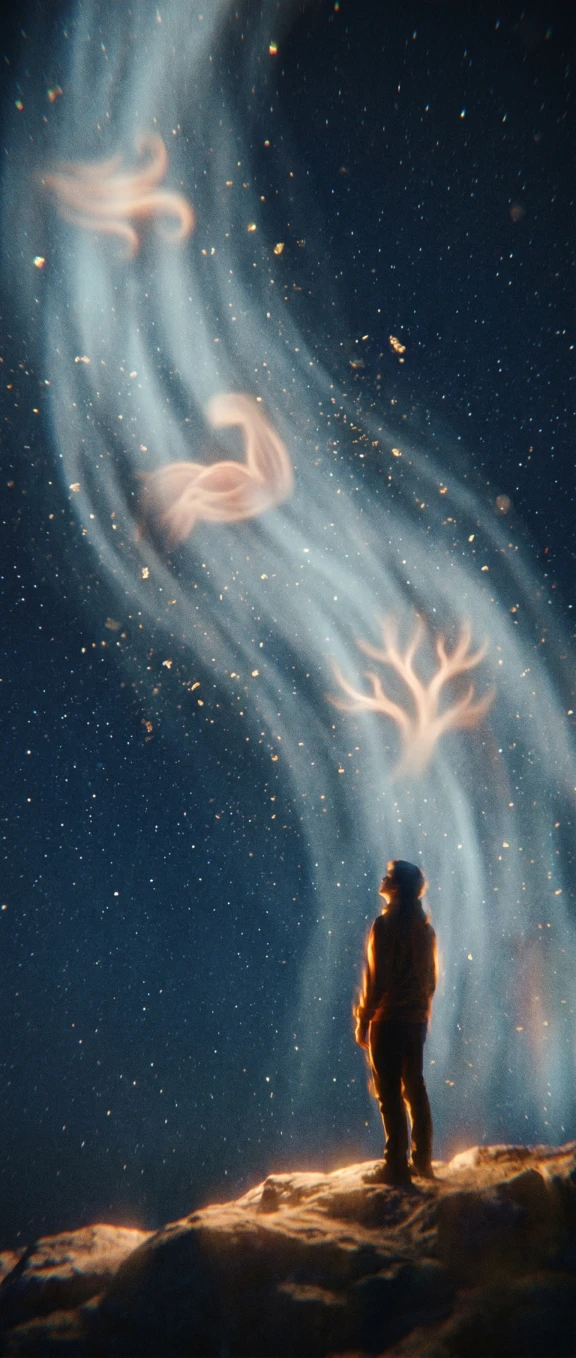 Person gazing at luminous data streams and organic patterns in a starlit sky