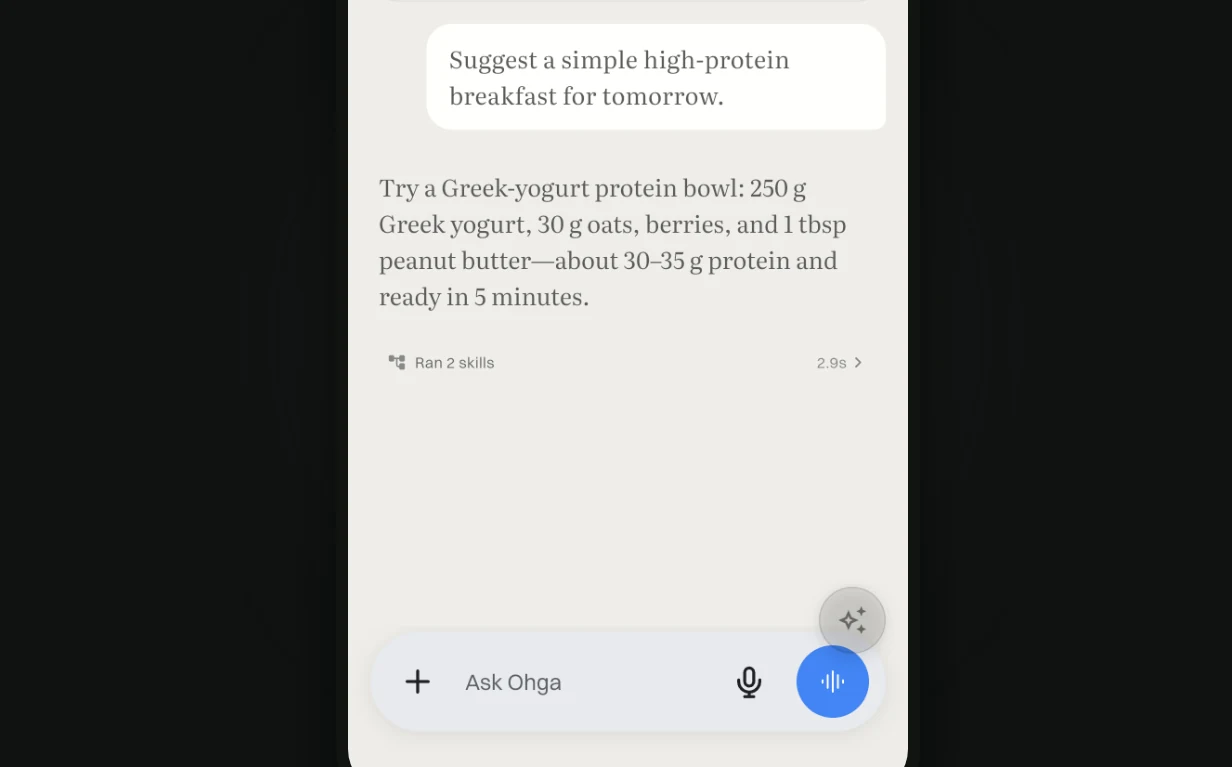 Ohga AI Copilot chat answering a nutrition question after running two skills