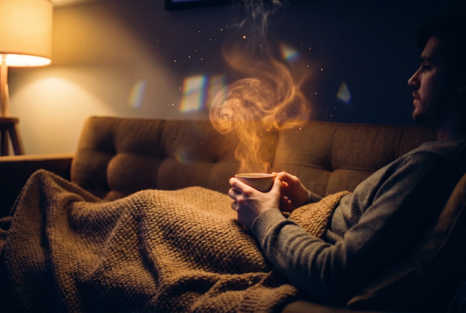 Person resting on a sofa with a warm drink — calm evening recovery
