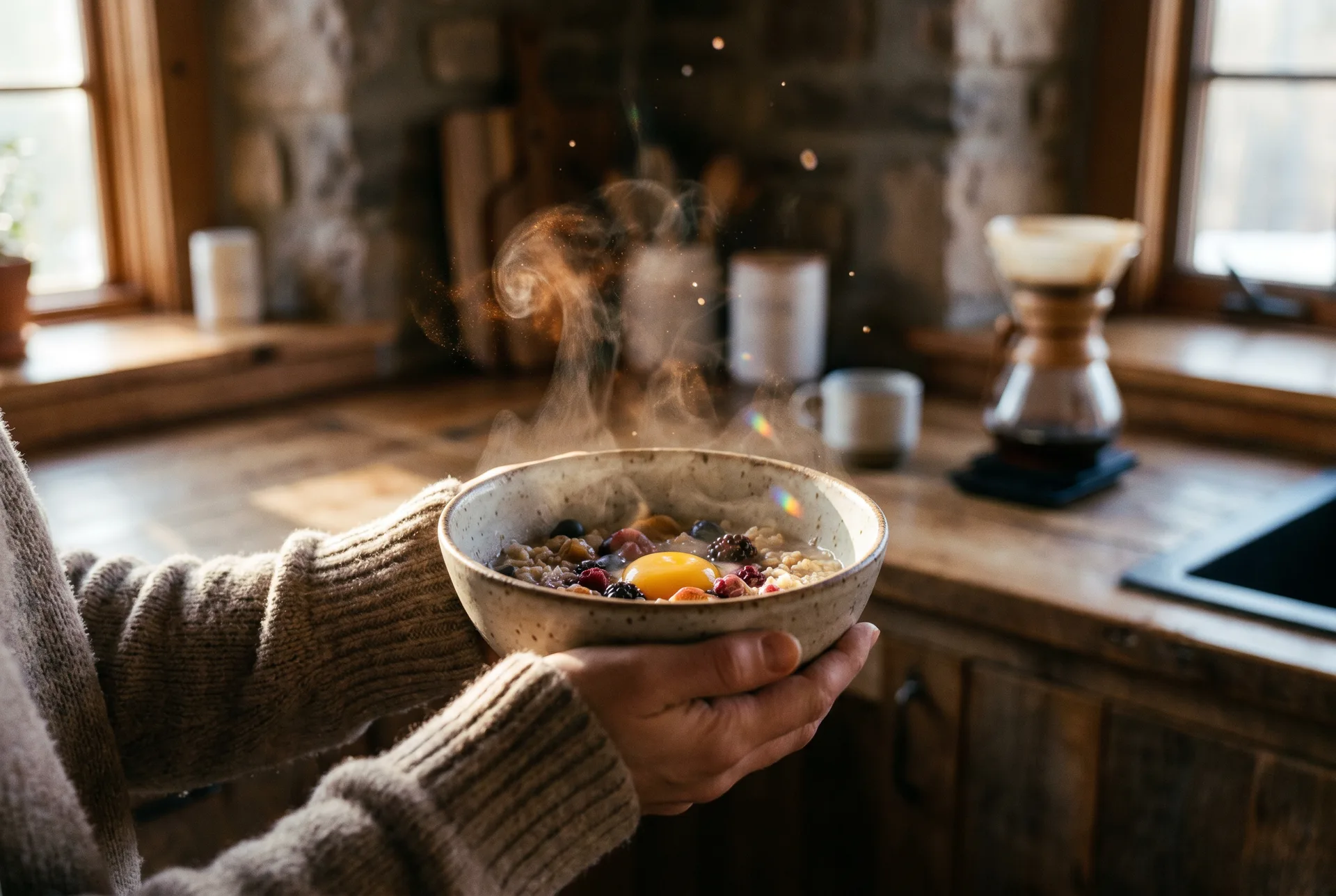 Steaming breakfast bowl held in two hands — food as daily fuel
